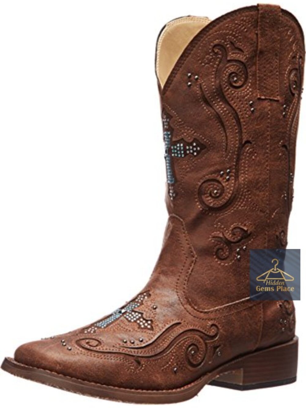 Rhinestone Square Toe Faux Leather Pull On Casual Boots